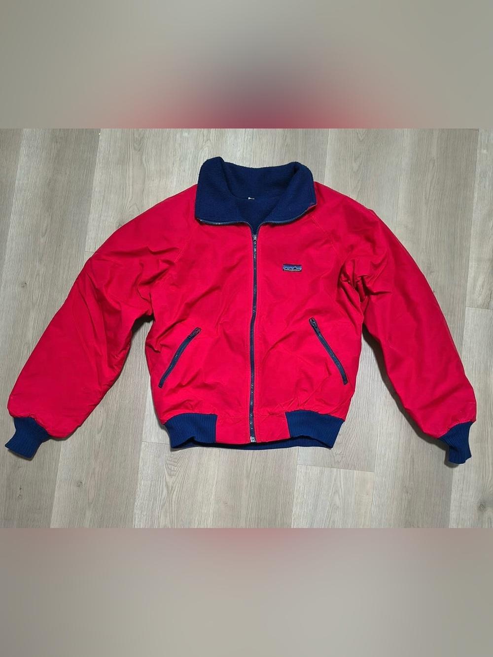 Vintage 80s Patagonia Red Fleece-Lined Bomber Style Jacket with Navy Trim